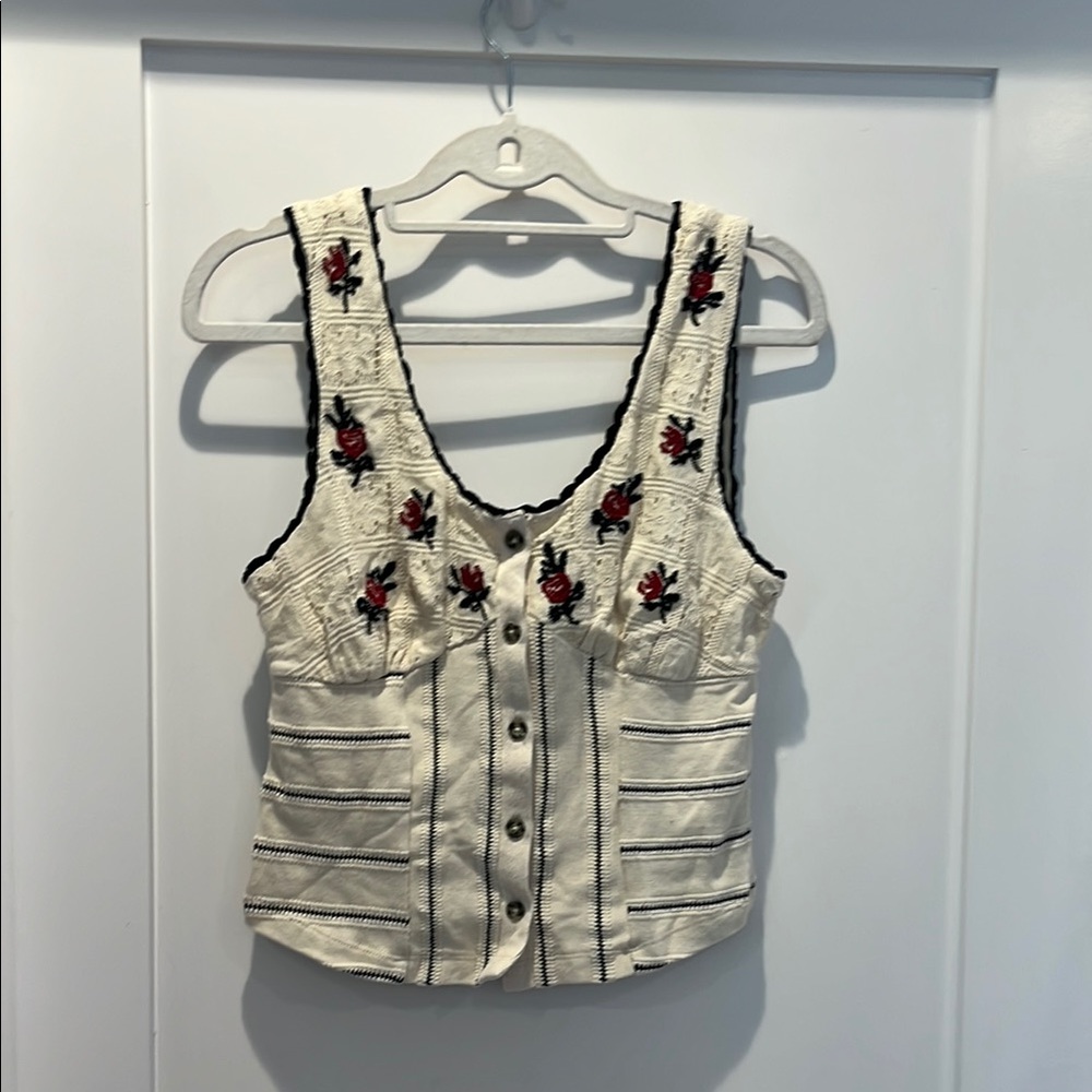 Free People Embellished Cream and Black Sleeveless Tank